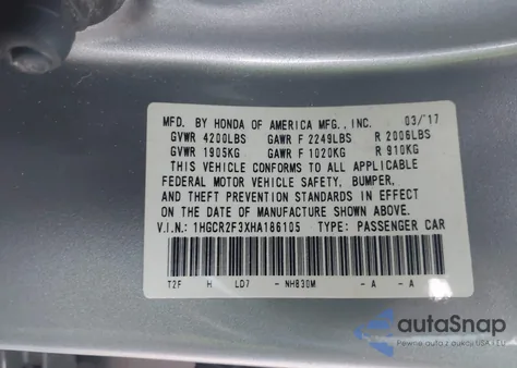 2017 Honda Accord Lx z USA, uszkodzony, nr VIN 1HGCR2F3XHA186105